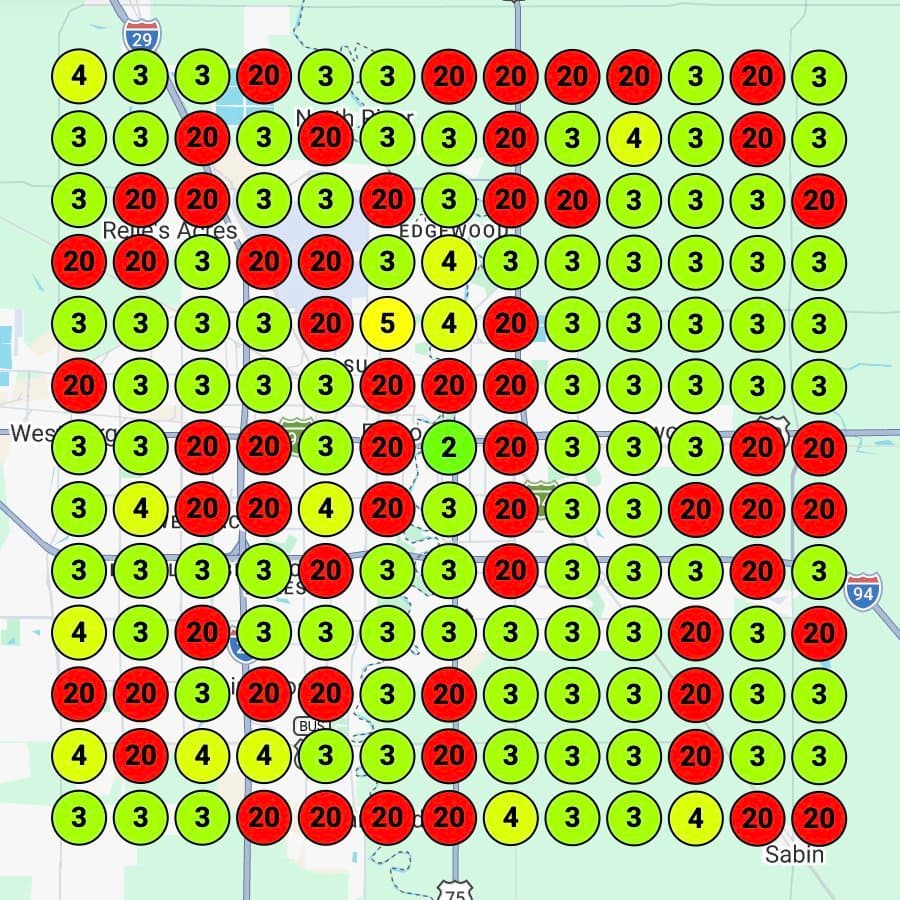 Heat map showing top 3 rankings across ~95% of market after optimization